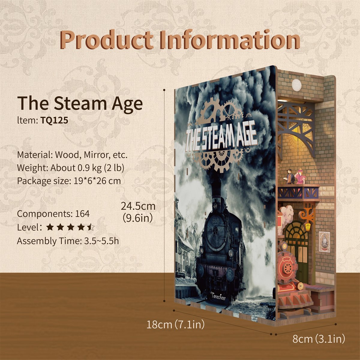 Tonecheer, Diy Book Nook, Trein/Train, The Steam Age Bookend, Tq125, 18X8X24,5Cm