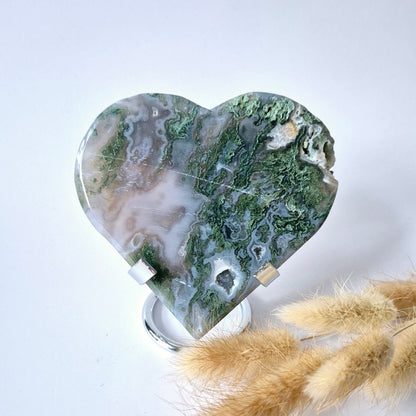 Edelsteen Grote Druzy Mosagaat Hart Op Metalen Standaard – #59 205Gram