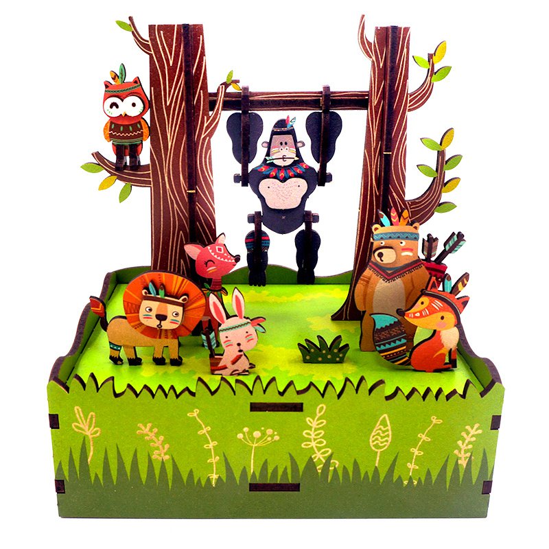 Tonecheer, Muziekdoosje, Diy 3D Houten Puzzel, Jungle Games, Tq050, 10,3X10,5X15,5Cm