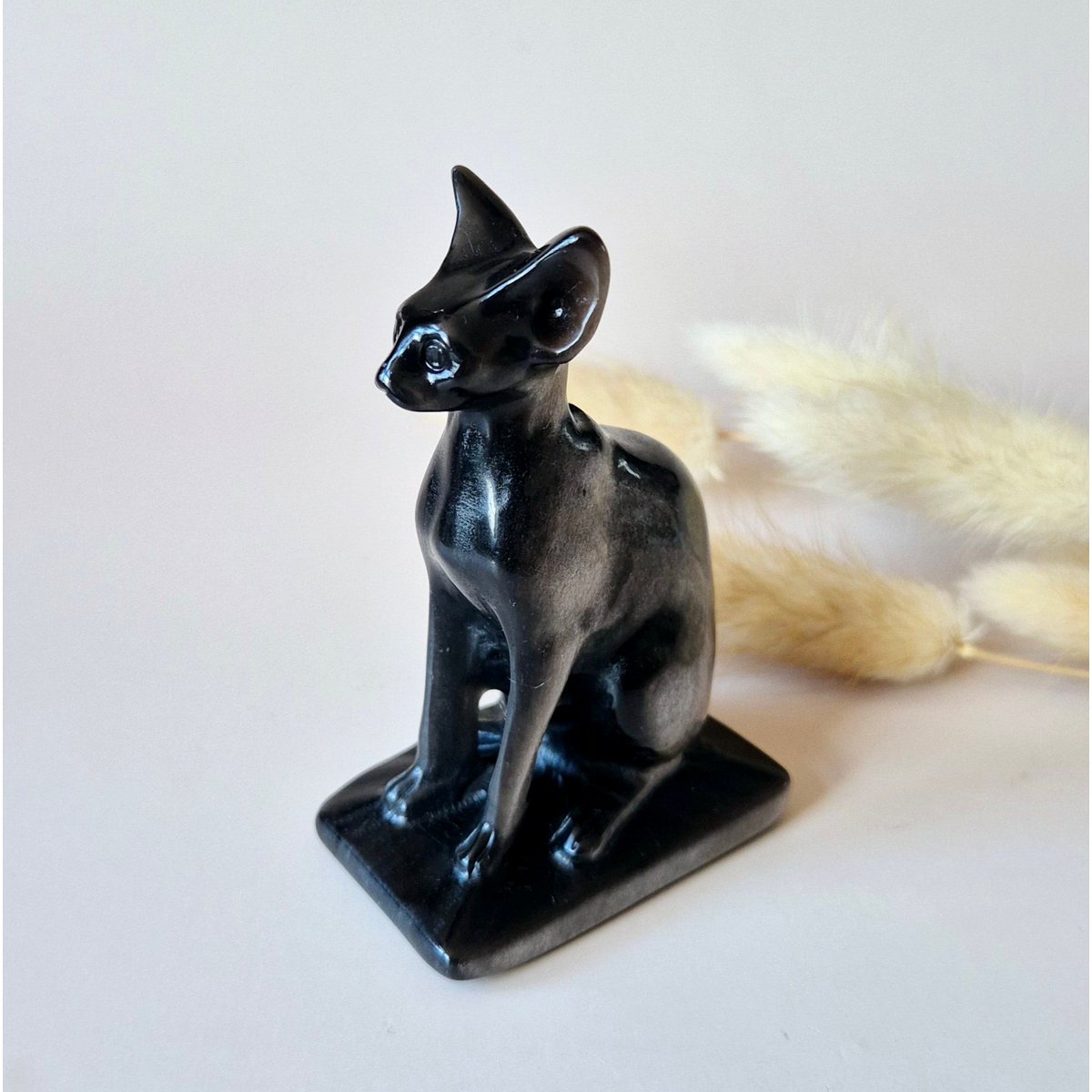 Edelsteen Zilver Obsidiaan Kat – Sphinx Carving (8 Cm)