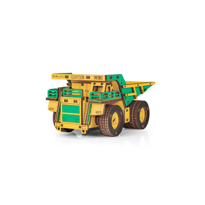 Eco Wood Art (Ewa) 3D Mechanische Houten Puzzel, Mining Dump Truck Belaz-7513E, 4219, Kleur Geel En Groen, 17X10X9Cm