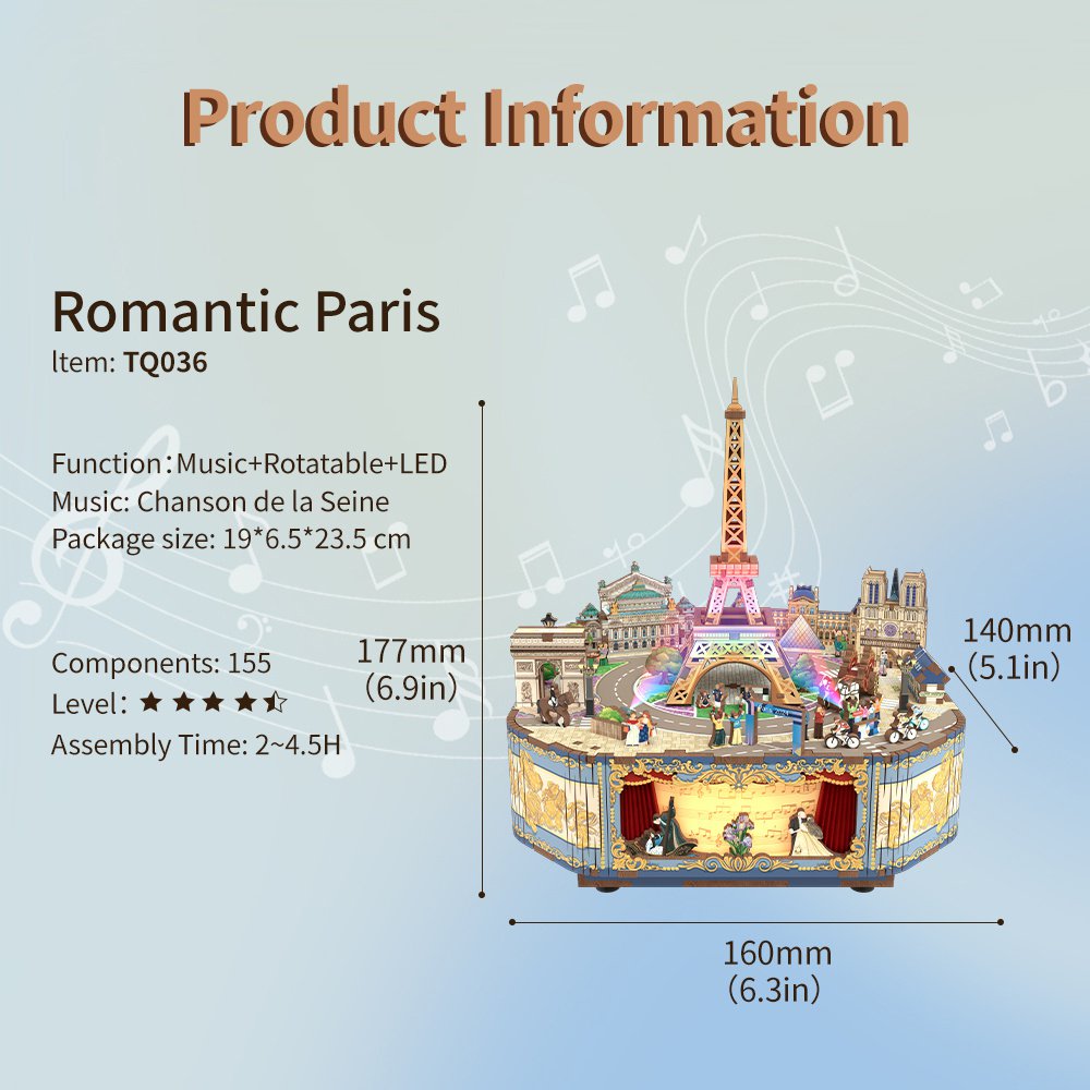 Tonecheer, Muziekdoosje, Diy 3D Houten Puzzel, Romantic Paris, Tq036, 16X14X17,7Cm