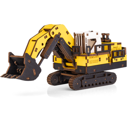 Eco Wood Art (Ewa) 3D Mechanische Houten Puzzel, Mining Hydraulic Excavator Bx20012, 4547, Kleur Geel, 26,5X10,4X11,7Cm