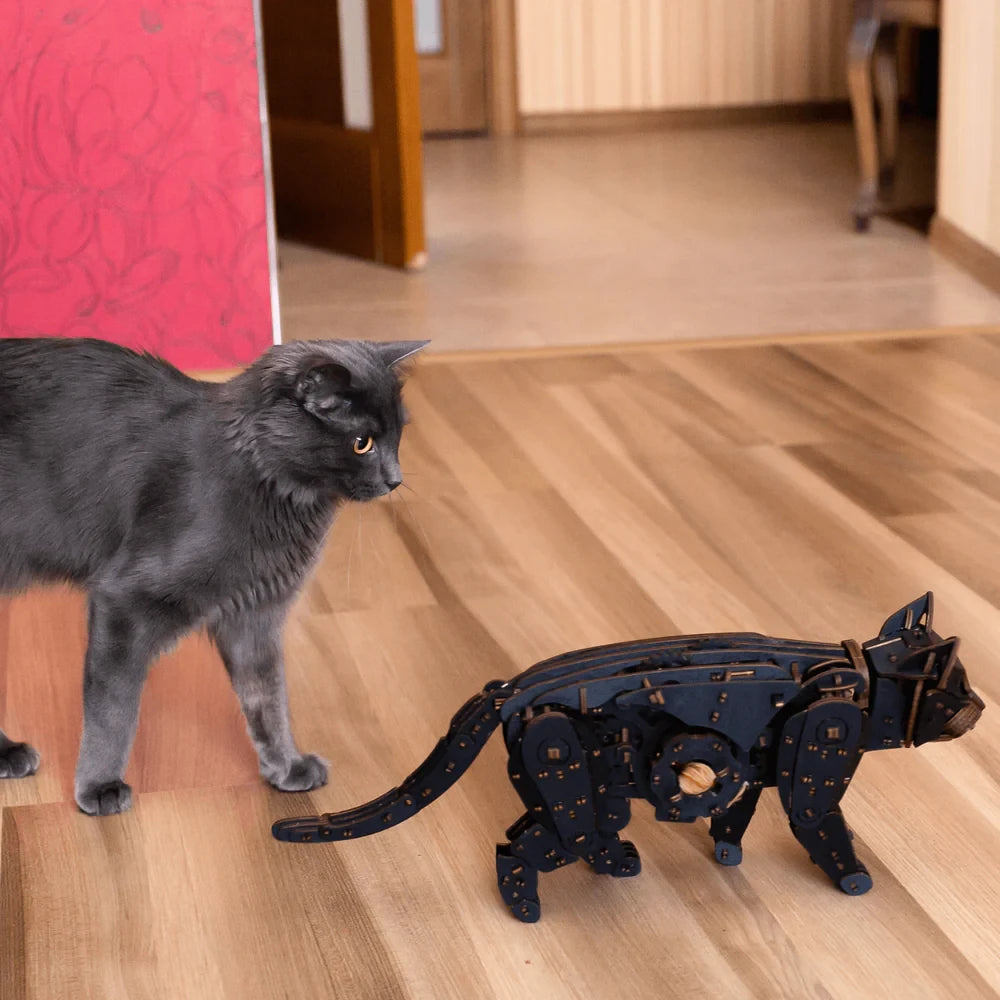 Eco Wood Art (Ewa) 3D Houten Puzzel Mechanische Wilde Zwarte Kat/ Wild Black Cat, 598, 47,6X11X18,9Cm