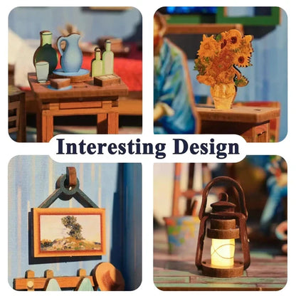 Tonecheer, Diy 3D Houten Puzzel Met 6 Verschillende Geluidseffecten En Stofkap Vincent's Bedroom, Tq401, 18X14,5X15,4Cm