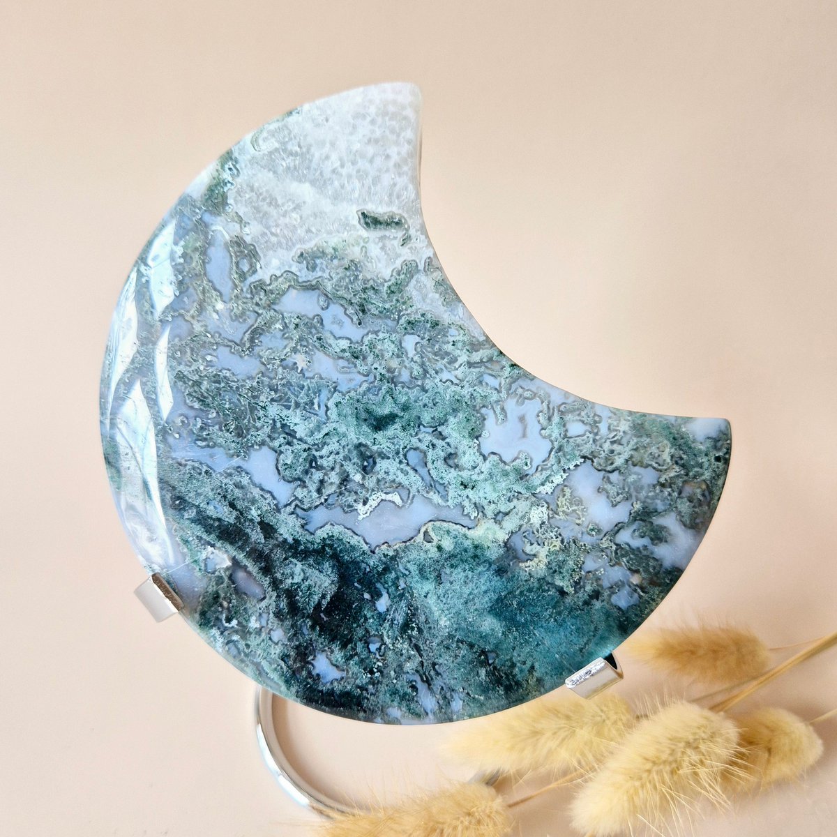 Xl Edelsteen Mosagaat Maan Op Standaard (Druzy & Patronen) #137 - 444G 12,7Cm