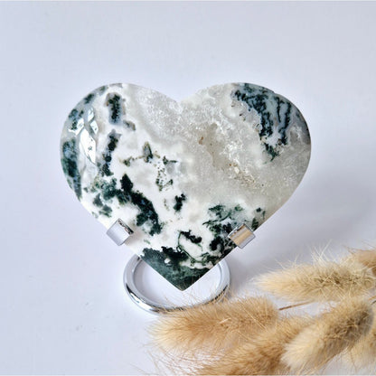 Edelsteen Grote Druzy Mosagaat Hart Op Metalen Standaard – #54 205Gram