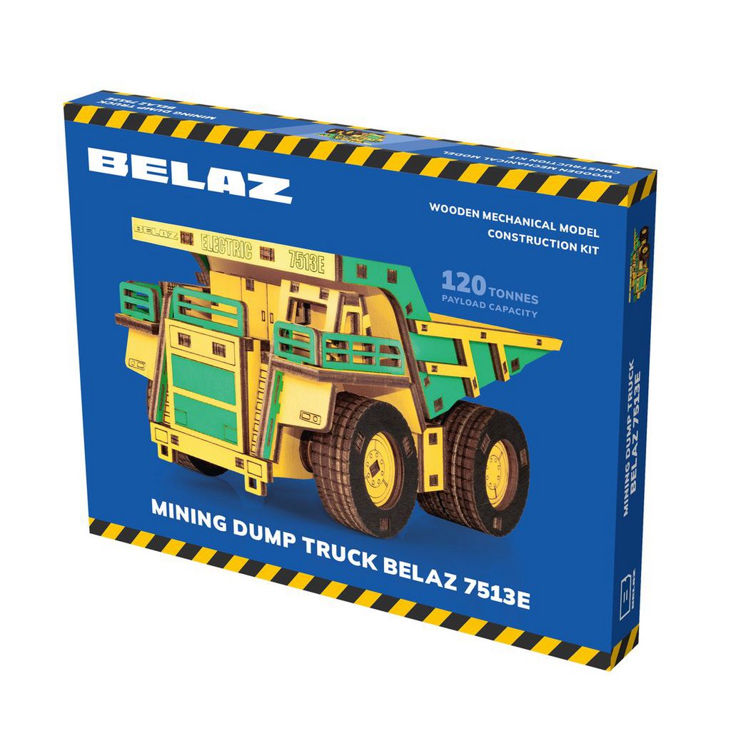 Eco Wood Art (Ewa) 3D Mechanische Houten Puzzel, Mining Dump Truck Belaz-7513E, 4219, Kleur Geel En Groen, 17X10X9Cm