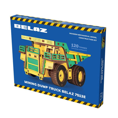 Eco Wood Art (Ewa) 3D Mechanische Houten Puzzel, Mining Dump Truck Belaz-7513E, 4219, Kleur Geel En Groen, 17X10X9Cm
