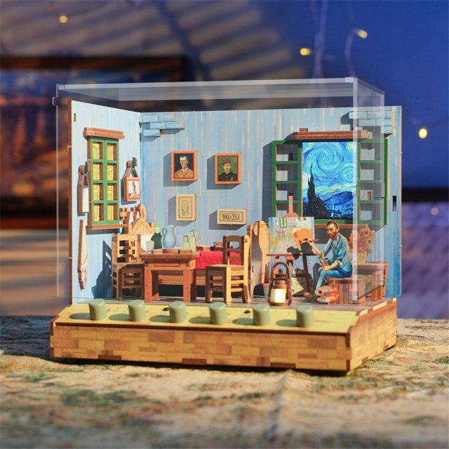 Tonecheer, Diy 3D Houten Puzzel Met 6 Verschillende Geluidseffecten En Stofkap Vincent's Bedroom, Tq401, 18X14,5X15,4Cm