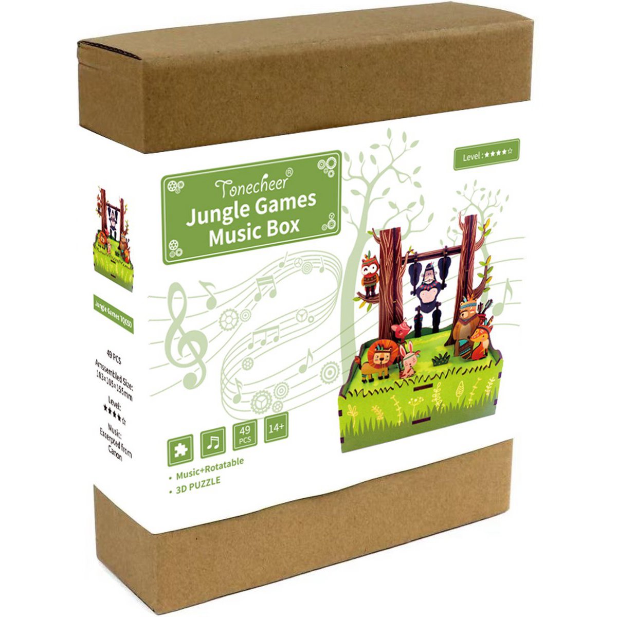 Tonecheer, Muziekdoosje, Diy 3D Houten Puzzel, Jungle Games, Tq050, 10,3X10,5X15,5Cm