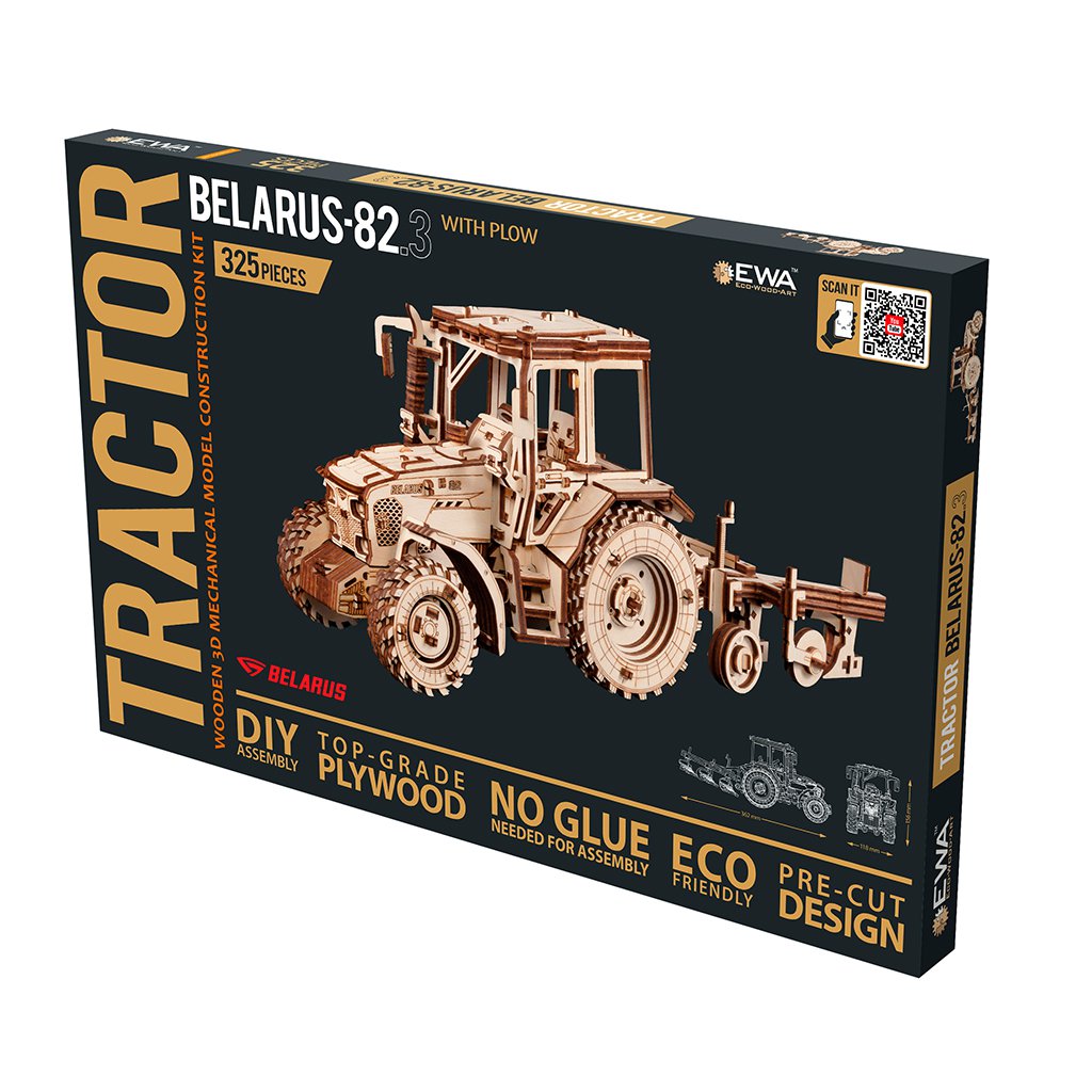 Eco Wood Art (Ewa) 3D Mechanische Puzzel Tractor Belarus 82.3 Met Ploeg (Plow), 3892, 36,2X11,8X15,6Cm