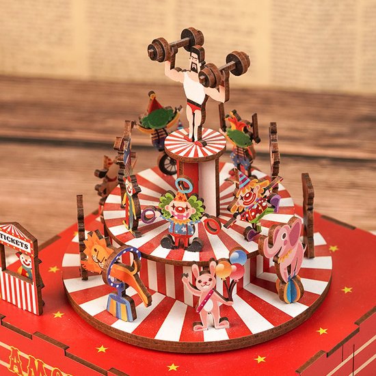Tonecheer, Muziekdoosje, Diy 3D Houten Puzzel, Circus Troupe, Tq047, 14X14X16Cm