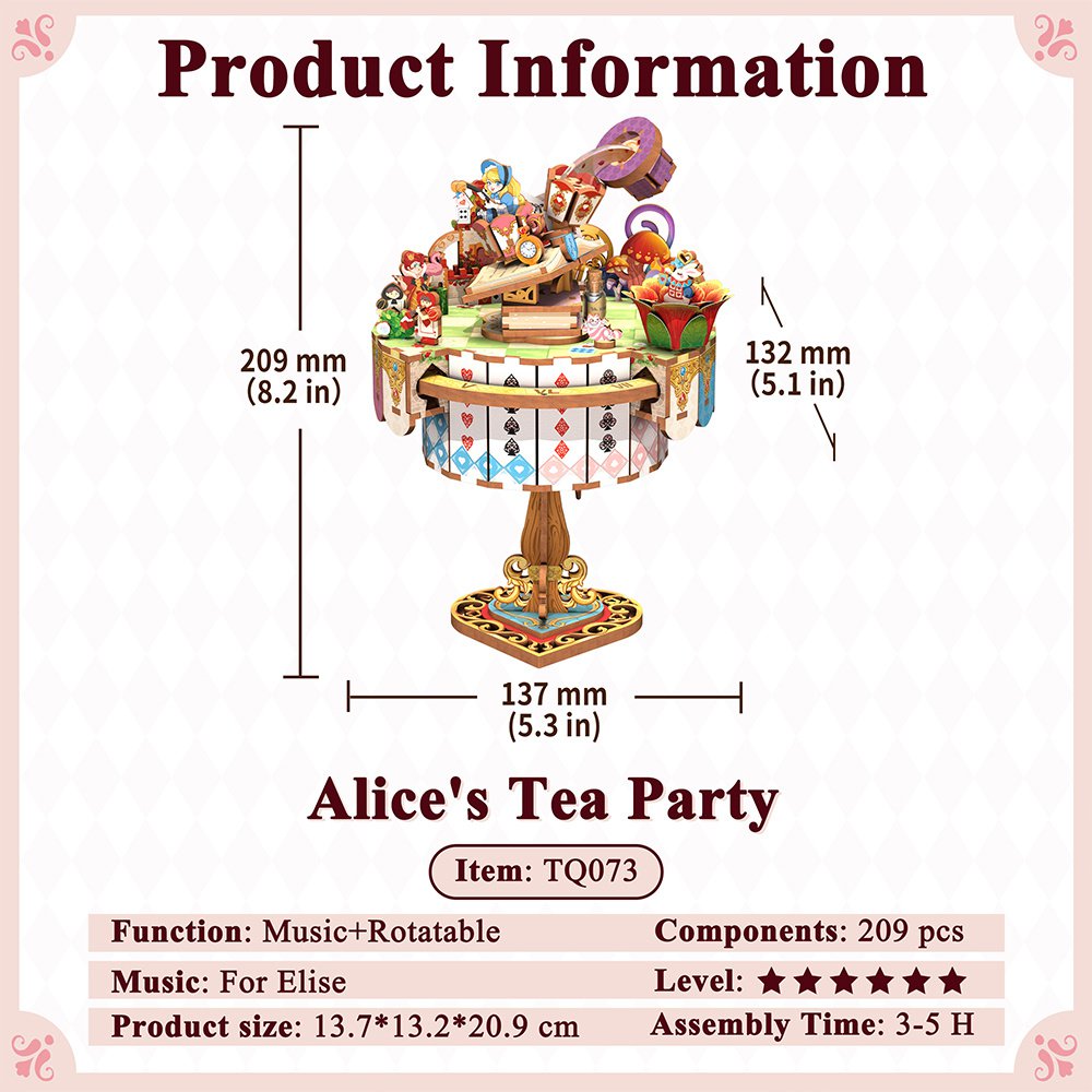 Tonecheer, Muziekdoosje, Diy 3D Houten Puzzel, Alice's Tea Party, Tq073, 13,7X13,2X20,9Cm