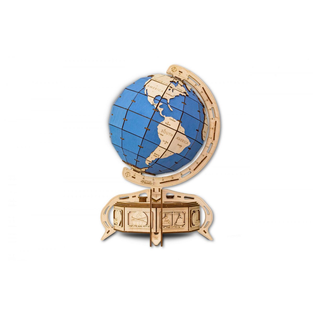 Eco Wood Art (Ewa) 3D Mechanische Puzzel, Globe Blauw, 396, 32X32X50,5Cm