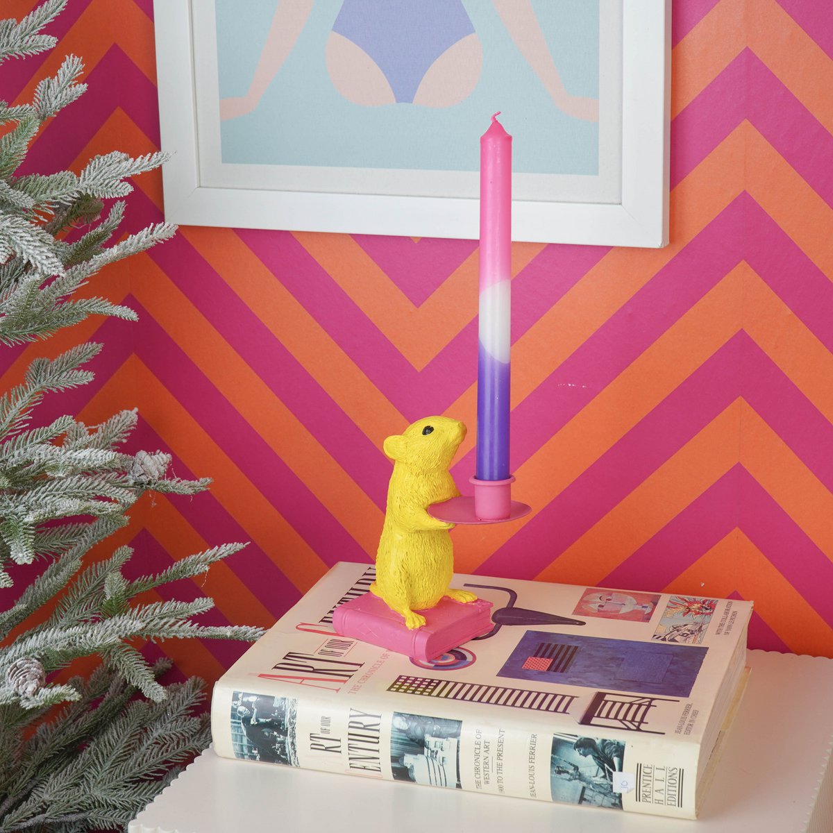 Kaarshouder - Muis - Polyresin - Geel/Roze - 8X10X17Cm