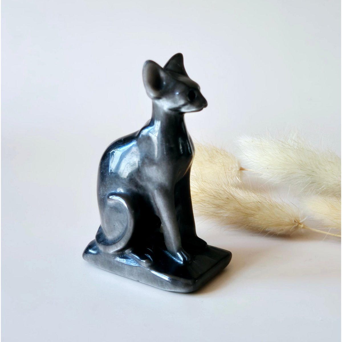 Edelsteen Zilver Obsidiaan Kat – Sphinx Carving (8 Cm)