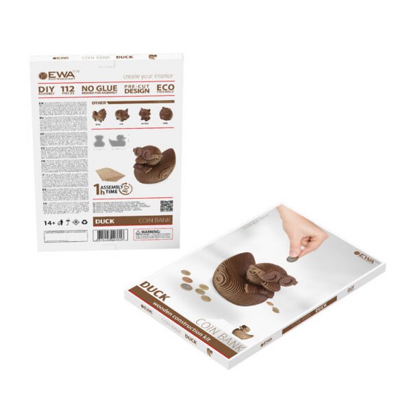 Eco Wood Art (Ewa) 3D Houten Bouwset Spaarpot Eend/Duck, 3816, 12,7X10,7X12,8Cm