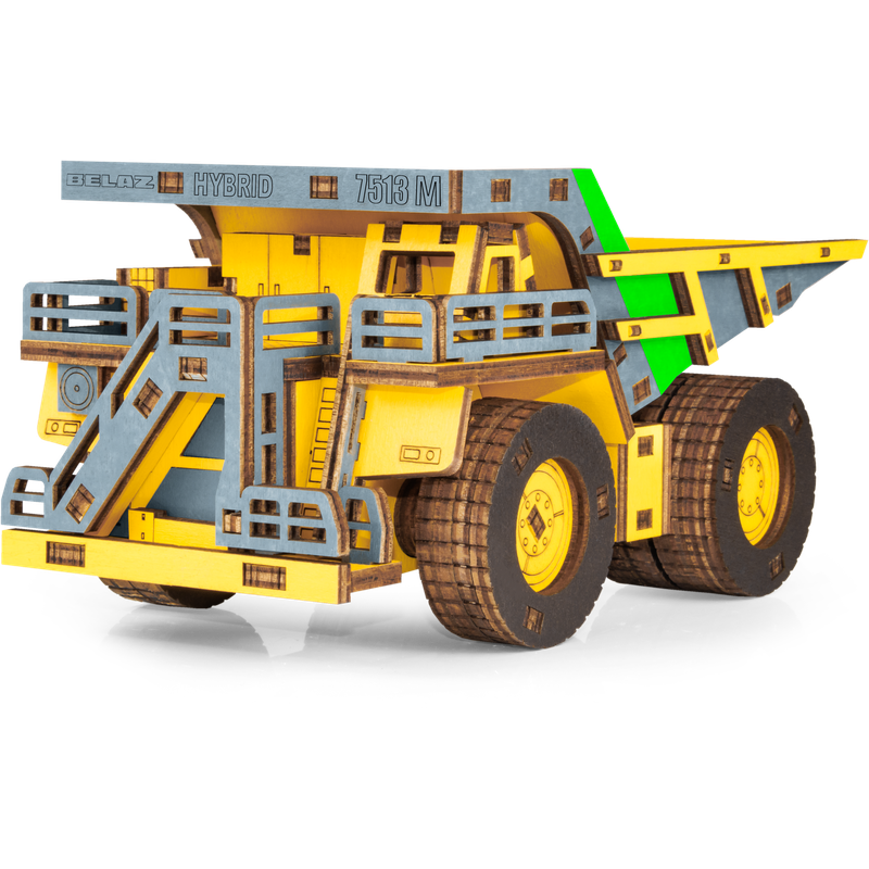 Eco Wood Art (Ewa) 3D Mechanische Houten Puzzel, Hybrid Mining Dump Truck Belaz-7513M, 4233, Kleur Geel, 18X9X10Cm
