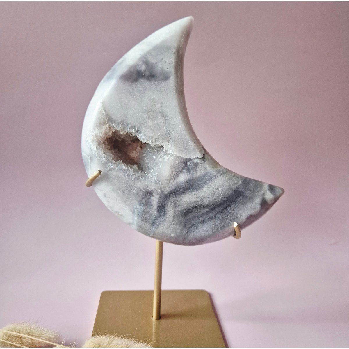 Xl Edelsteen Druzy Pink Amethyst Maan – Hoge Kwaliteit #14 1025G | Incl. Metalen Standaard | Uniek Stuk Roze Amethist