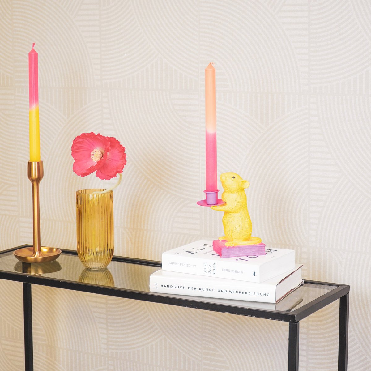 Kaarshouder - Muis - Polyresin - Geel/Roze - 8X10X17Cm