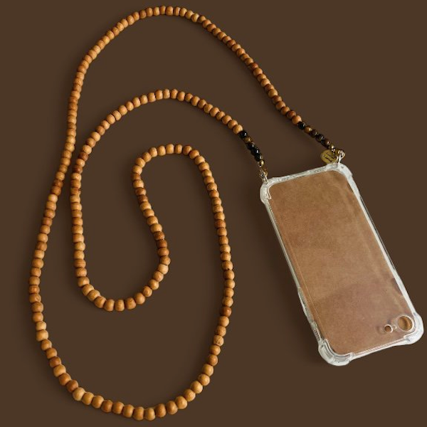 Luna-Leena Telefoonsnoer Hout + Naturel -Houten Kralen En Tijgeroogkralen - L140Cm - Handgemaakt In Nepal