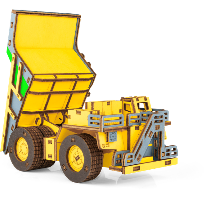 Eco Wood Art (Ewa) 3D Mechanische Houten Puzzel, Hybrid Mining Dump Truck Belaz-7513M, 4233, Kleur Geel, 18X9X10Cm