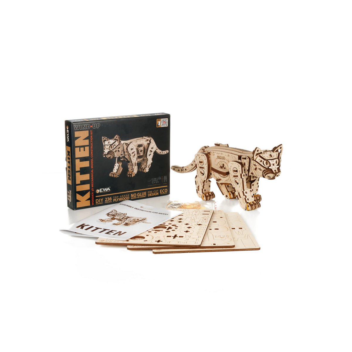 Eco Wood Art (Ewa) Diy 3D Mechanische Houten Puzzel, Kitten, 3830, 35,1X8,4X14,5