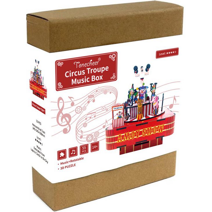 Tonecheer, Muziekdoosje, Diy 3D Houten Puzzel, Circus Troupe, Tq047, 14X14X16Cm