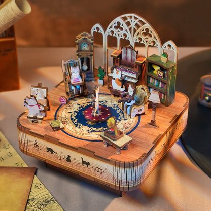 Tonecheer, Muziekdoosje, Diy 3D Houten Puzzel, Cat's Family, Tq065, 14X14X13,9Cm