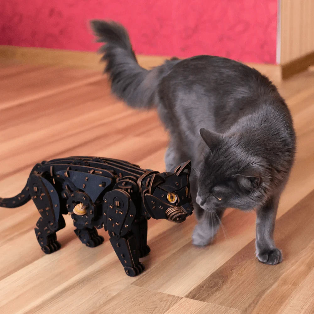Eco Wood Art (Ewa) 3D Houten Puzzel Mechanische Wilde Zwarte Kat/ Wild Black Cat, 598, 47,6X11X18,9Cm