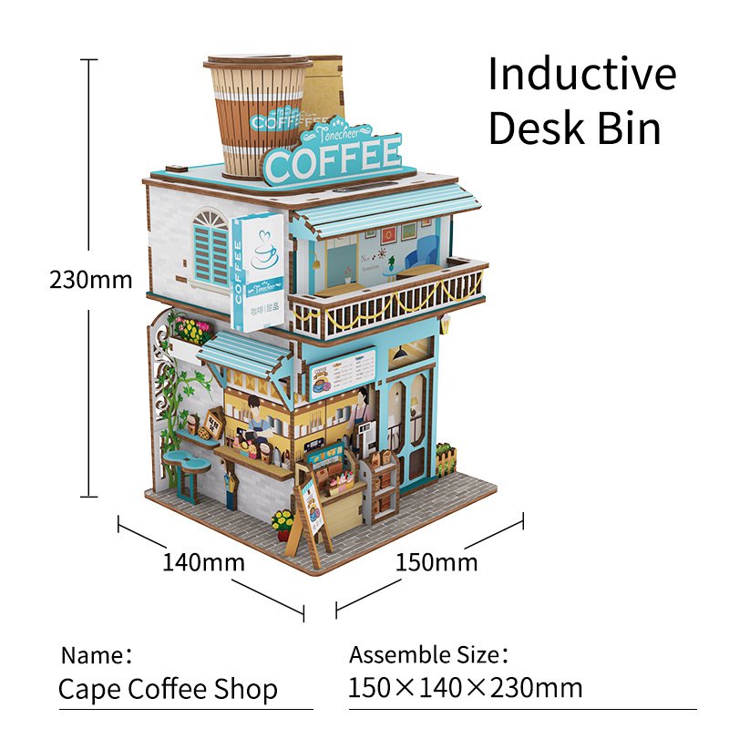 Tonecheer, Diy 3D Houten Puzzel, Desk Bin, Cape Coffee Shop, Tq181,15X14X23Cm