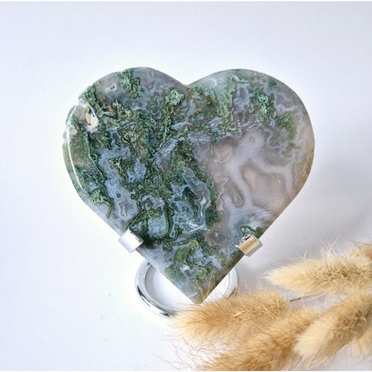Edelsteen Grote Druzy Mosagaat Hart Op Metalen Standaard – #59 205Gram