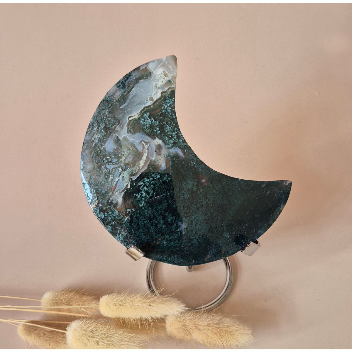 Xl Edelsteen Mosagaat Maan Op Standaard (Druzy & Patronen) #169 - 258G