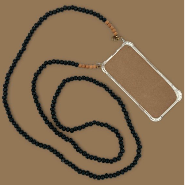 Luna-Leena Telefoonsnoer Zwart Hout - Natuurlijke Houten Kralen - L140Cm - Handgemaakt In Nepal