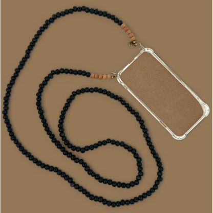 Luna-Leena Telefoonsnoer Zwart Hout - Natuurlijke Houten Kralen - L140Cm - Handgemaakt In Nepal