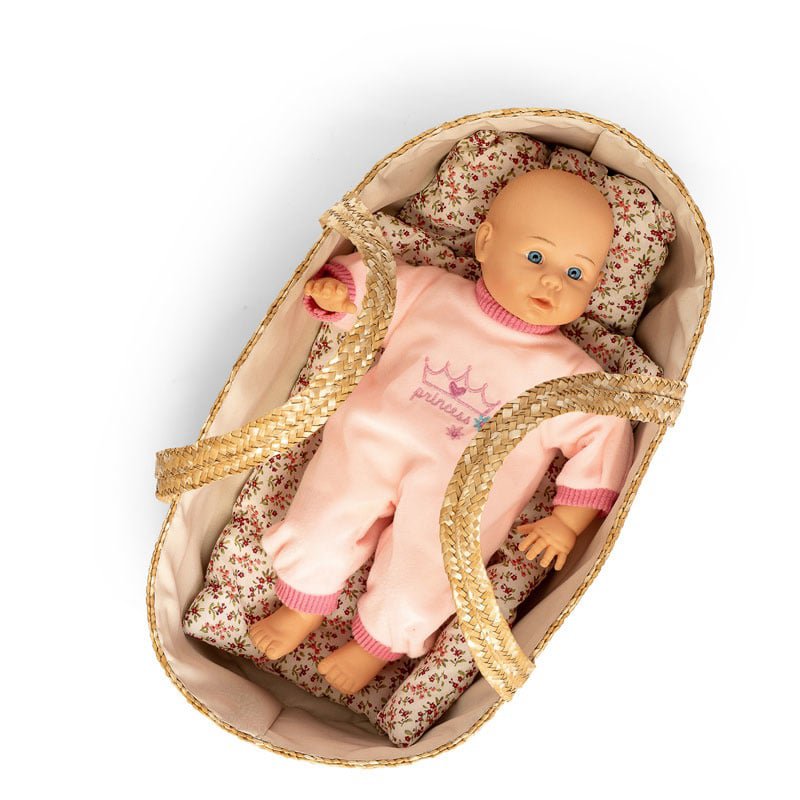 Rieten Poppenreiswieg / Mozes Mandje Met Bedsetje 50Cm