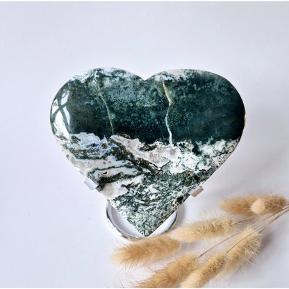 Edelsteen Grote Druzy Mosagaat Hart Op Metalen Standaard – #34 394 Gram