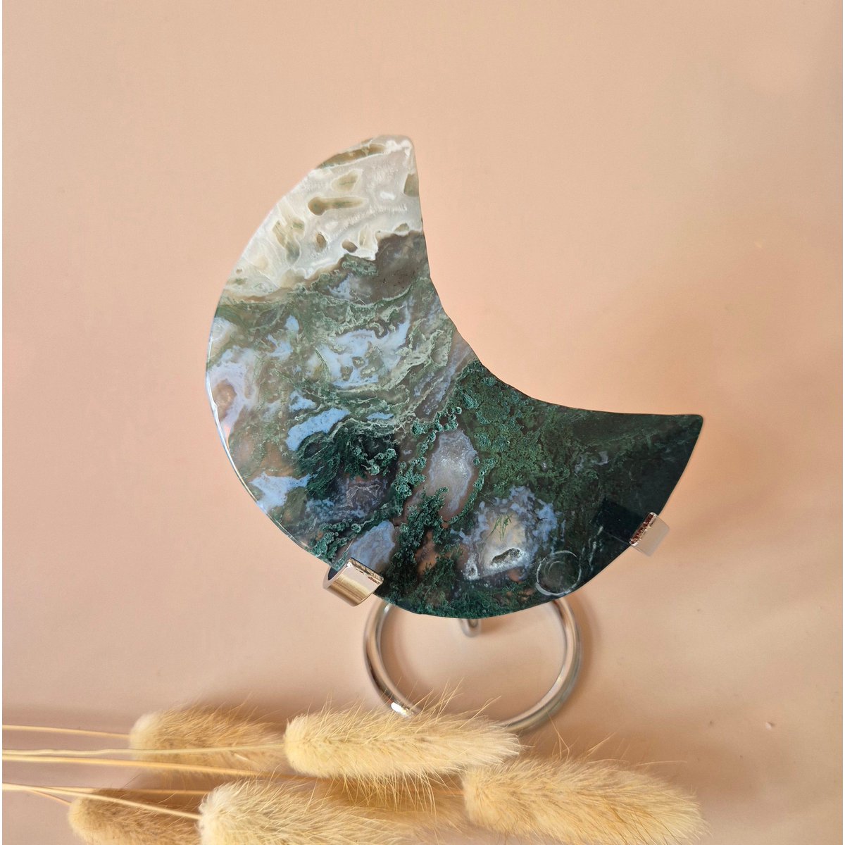 Xl Edelsteen Mosagaat Maan Op Standaard (Druzy & Patronen) #173 - 240G
