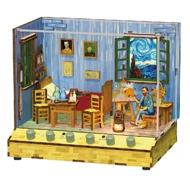 Tonecheer, Diy 3D Houten Puzzel Met 6 Verschillende Geluidseffecten En Stofkap Vincent's Bedroom, Tq401, 18X14,5X15,4Cm