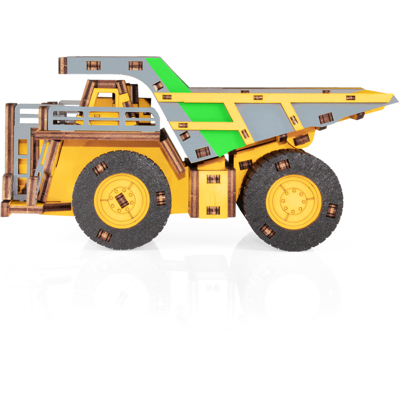 Eco Wood Art (Ewa) 3D Mechanische Houten Puzzel, Hybrid Mining Dump Truck Belaz-7513M, 4233, Kleur Geel, 18X9X10Cm