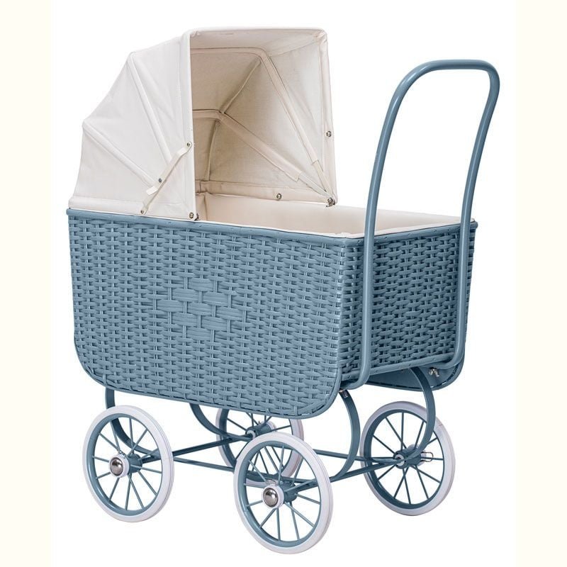 Poppenwagen Retro Rotan Blauw