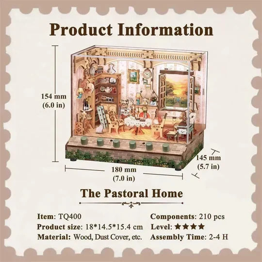Tonecheer, Diy 3D Houten Puzzel Met 6 Verschillende Geluidseffecten En Stofkap, Miniature House The Pastoral Home, Tq400, 18X14,5X15,4Cm
