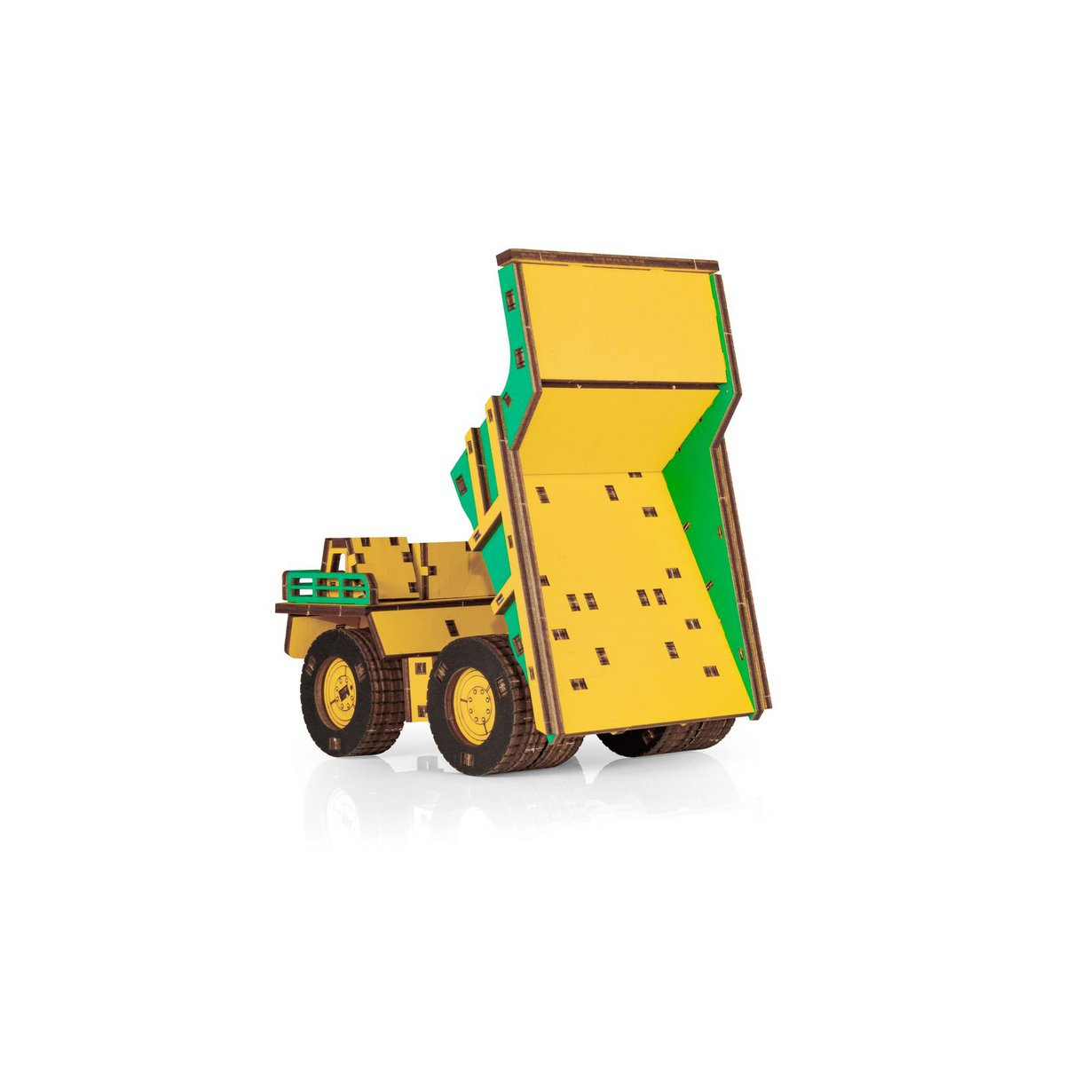 Eco Wood Art (Ewa) 3D Mechanische Houten Puzzel, Mining Dump Truck Belaz-7513E, 4219, Kleur Geel En Groen, 17X10X9Cm