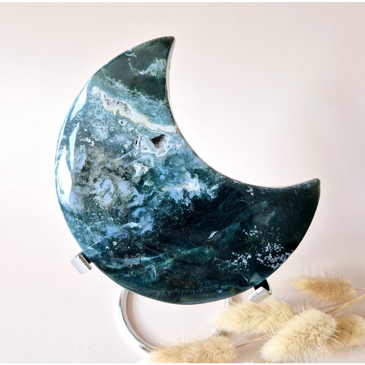 Xl Edelsteen Mosagaat Maan Op Standaard (Druzy & Patronen) #140 - 382G 13Cm