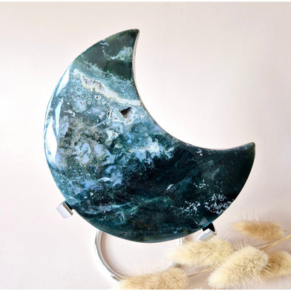 Xl Edelsteen Mosagaat Maan Op Standaard (Druzy & Patronen) #140 - 382G 13Cm
