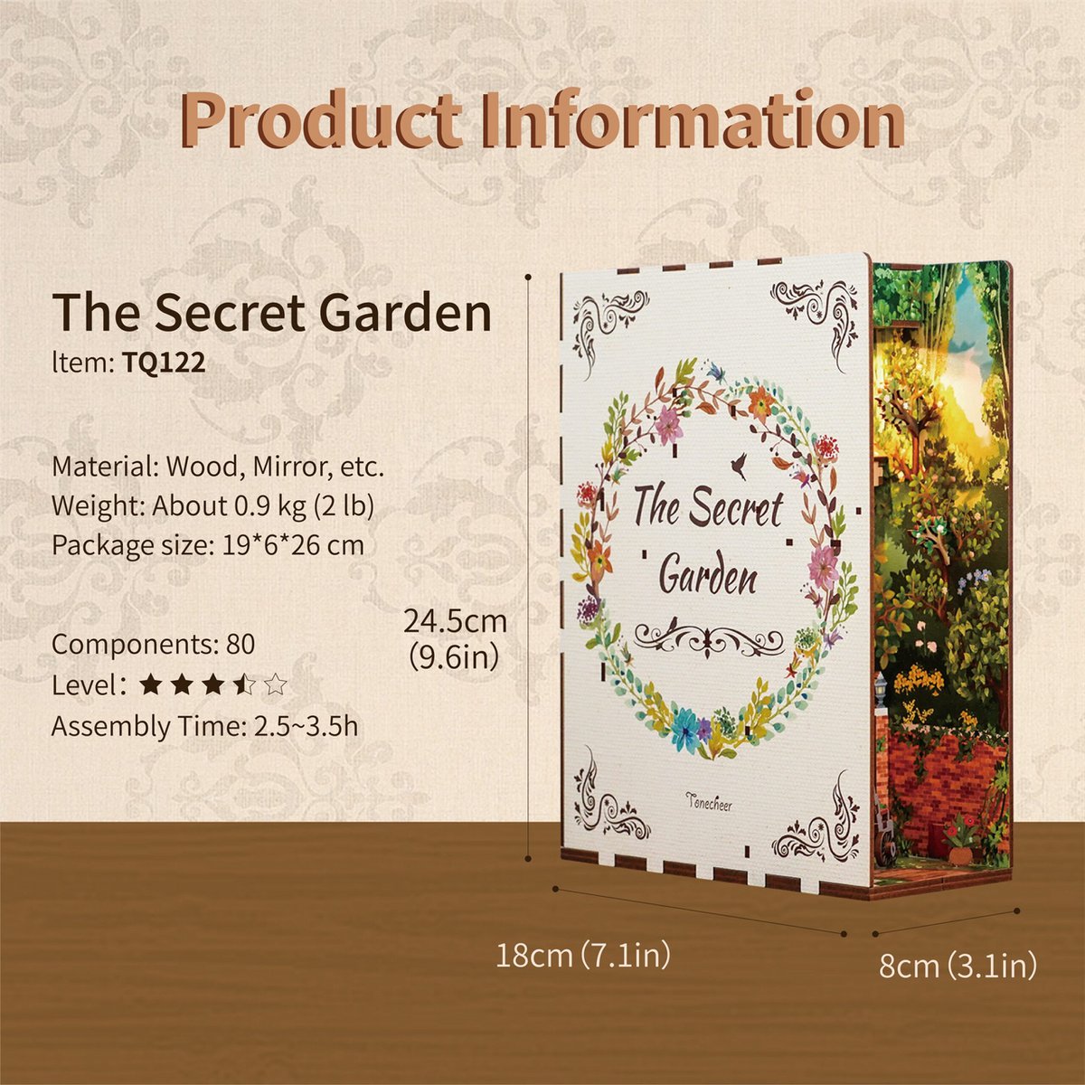 Tonecheer, Diy Book Nook, The Secret Garden Bookend, Tq122, 18,2X8X24,5Cm