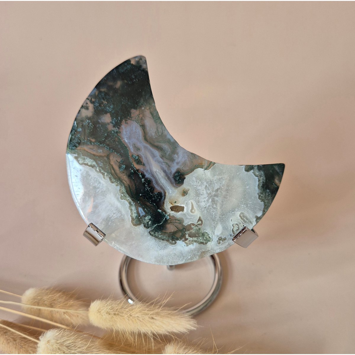 Xl Edelsteen Mosagaat Maan Op Standaard (Druzy & Patronen) #187 - 153Gr