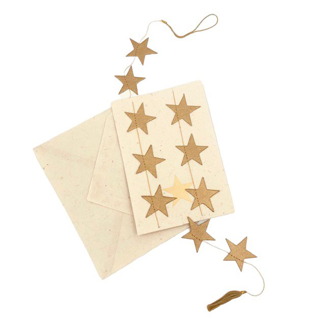 Luna-Leena Wenskaartenset + Slinger Sterren Goud - Verticaal - L115Cm - Goud - Ecovriendelijk Papier - Handgemaakt In Nepal
