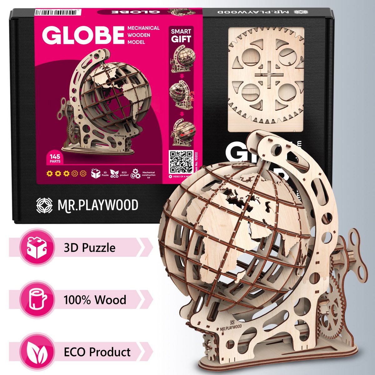 Mr. Playwood, 3D Houten Puzzel, Globe Size "L", 10202, 34,5X24X37,5Cm